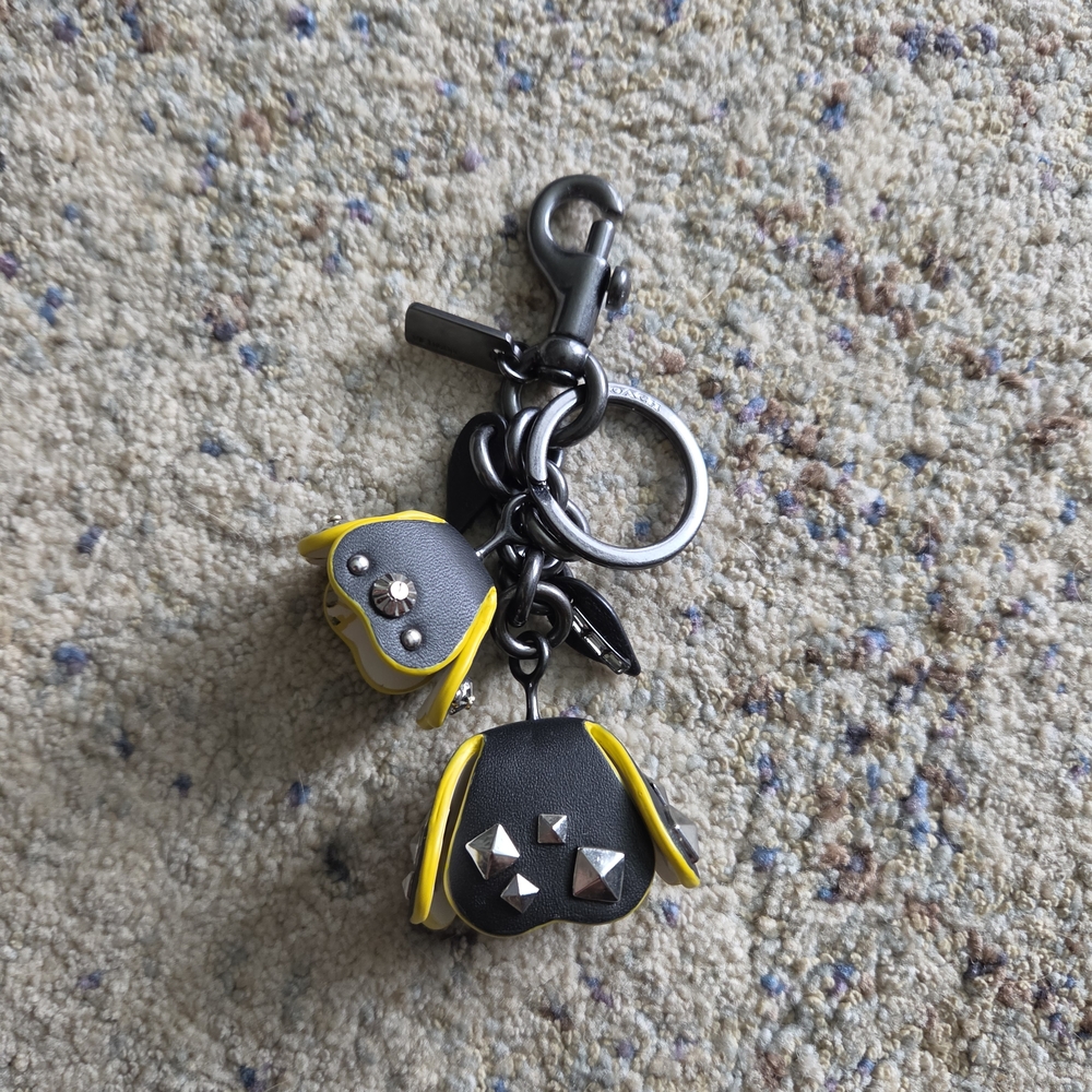 Coach Studded Floral Leather Bag Charm Keychain With Gunmetal Hardware